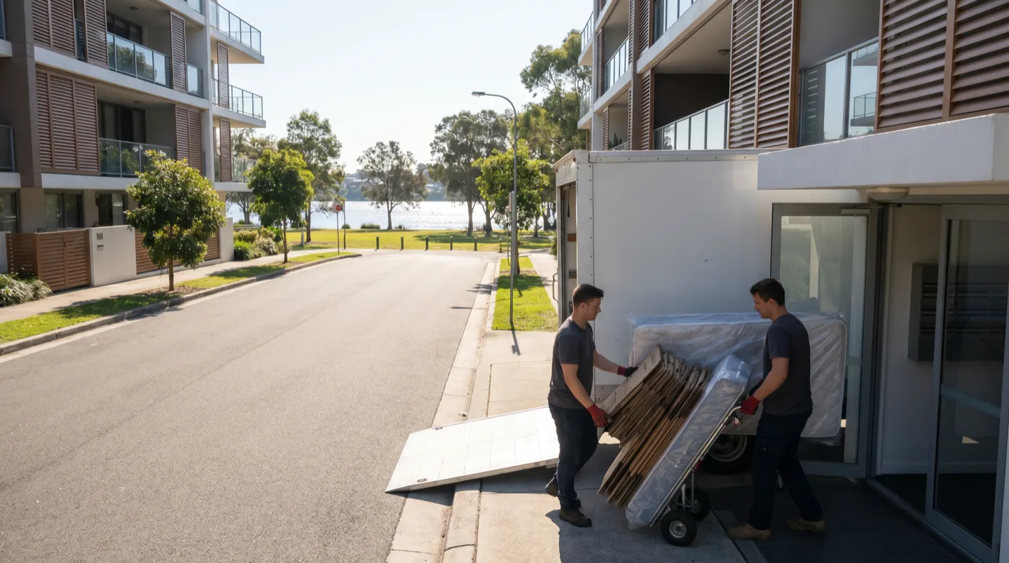 The crew wheeling a trolley of flattened boxes and a wrapped mattress from an apartment lobby to the truck at the kerb, the river visible at the end of the Chiswick street