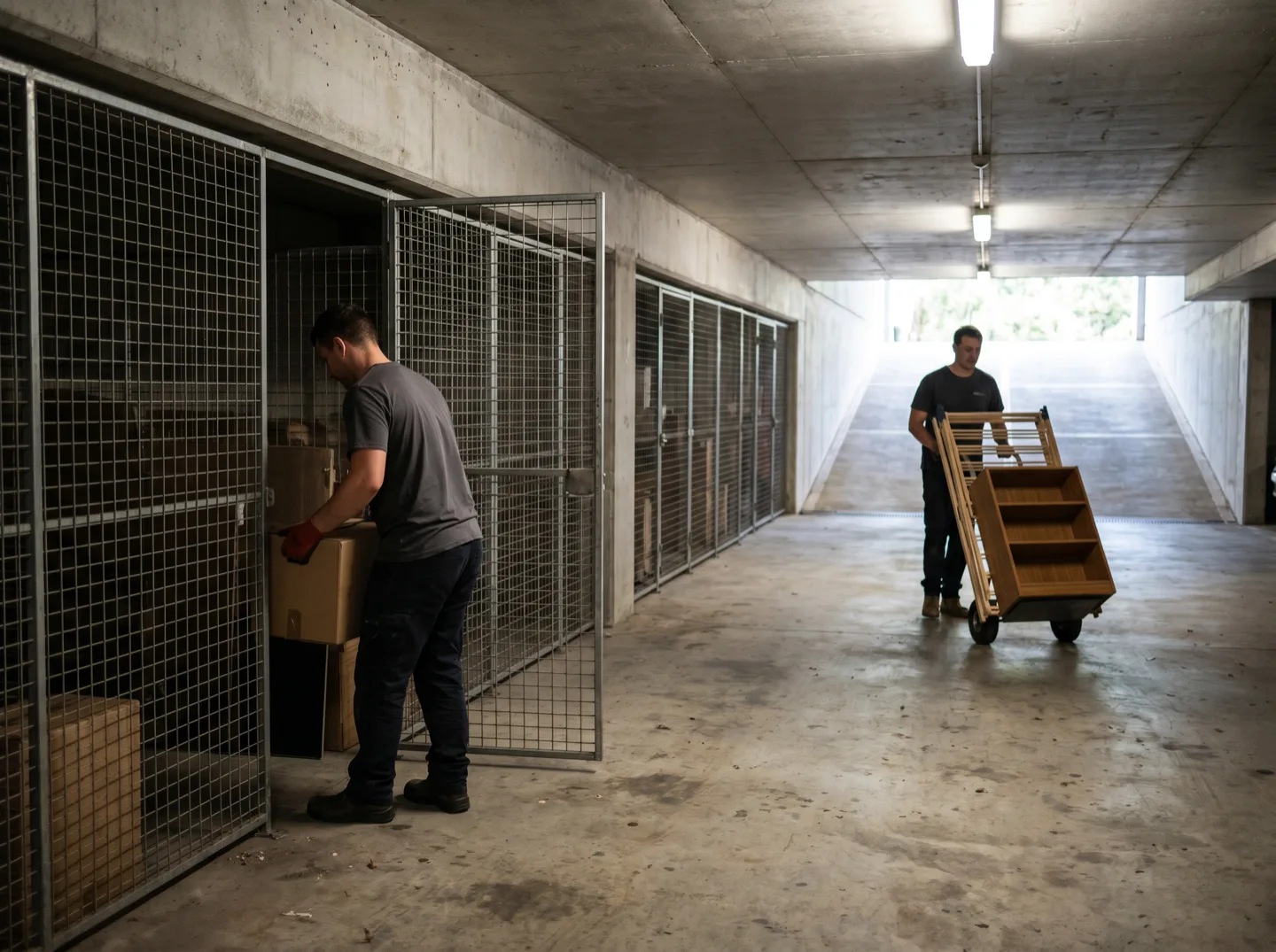 One crew member lifting a carton out of an open wire-mesh storage cage in an apartment basement car park while the other wheels a loaded trolley toward the daylight of the ramp