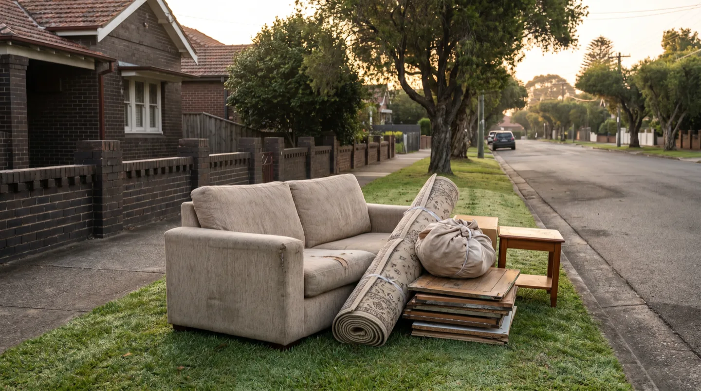 A tidy council cleanup pile on a grass nature strip outside a brick Gladesville house: sofa, rolled carpet, flat timber panels and a side table, clear of the footpath