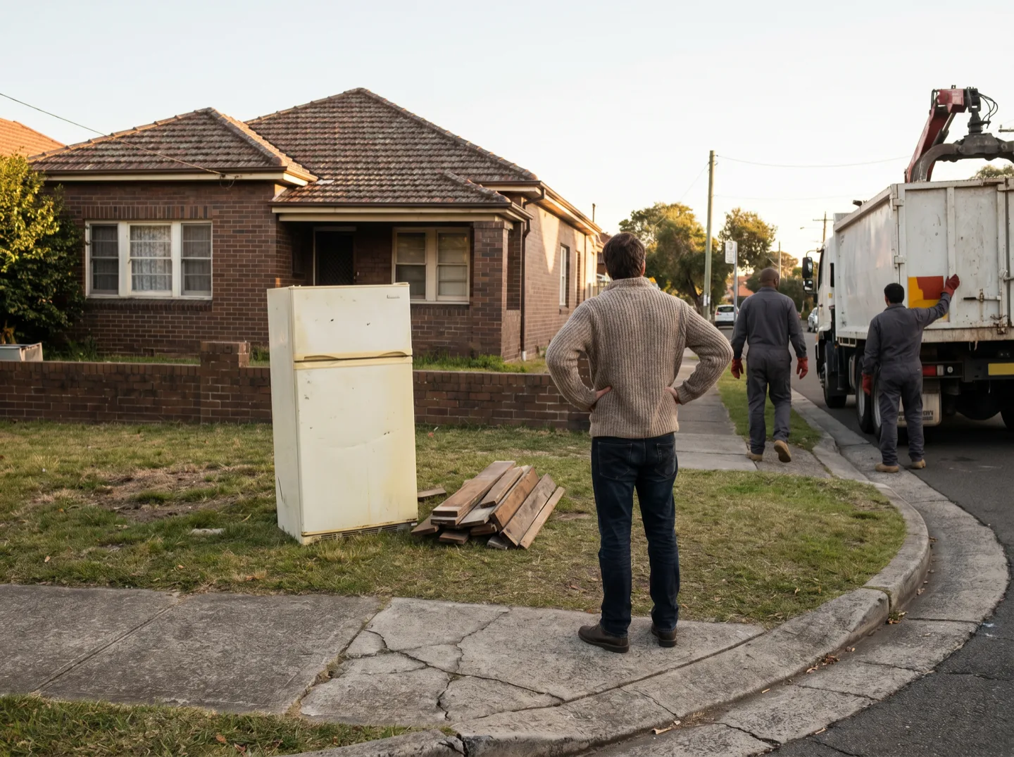 A resident standing on the footpath looking at an old fridge and a stack of timber left behind on the nature strip after a council cleanup collection