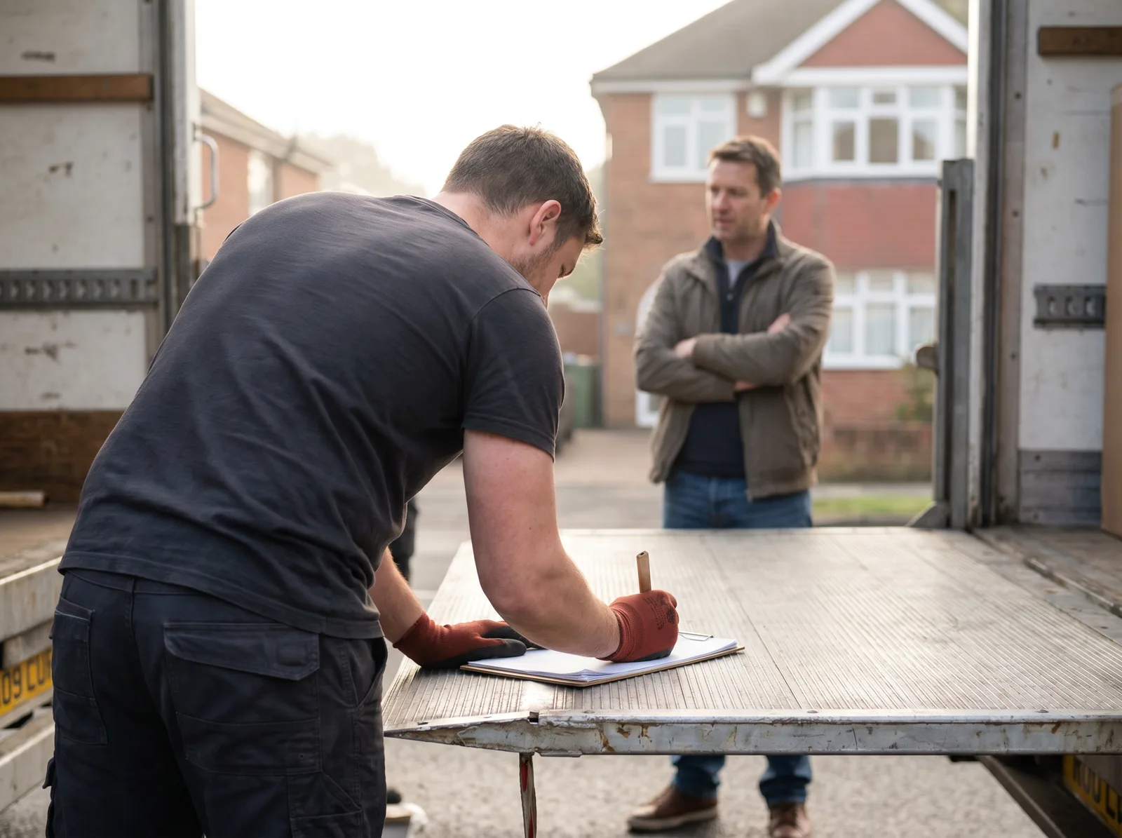 A crew member writing the quote on a paper pad resting on the truck tailgate while the customer looks on