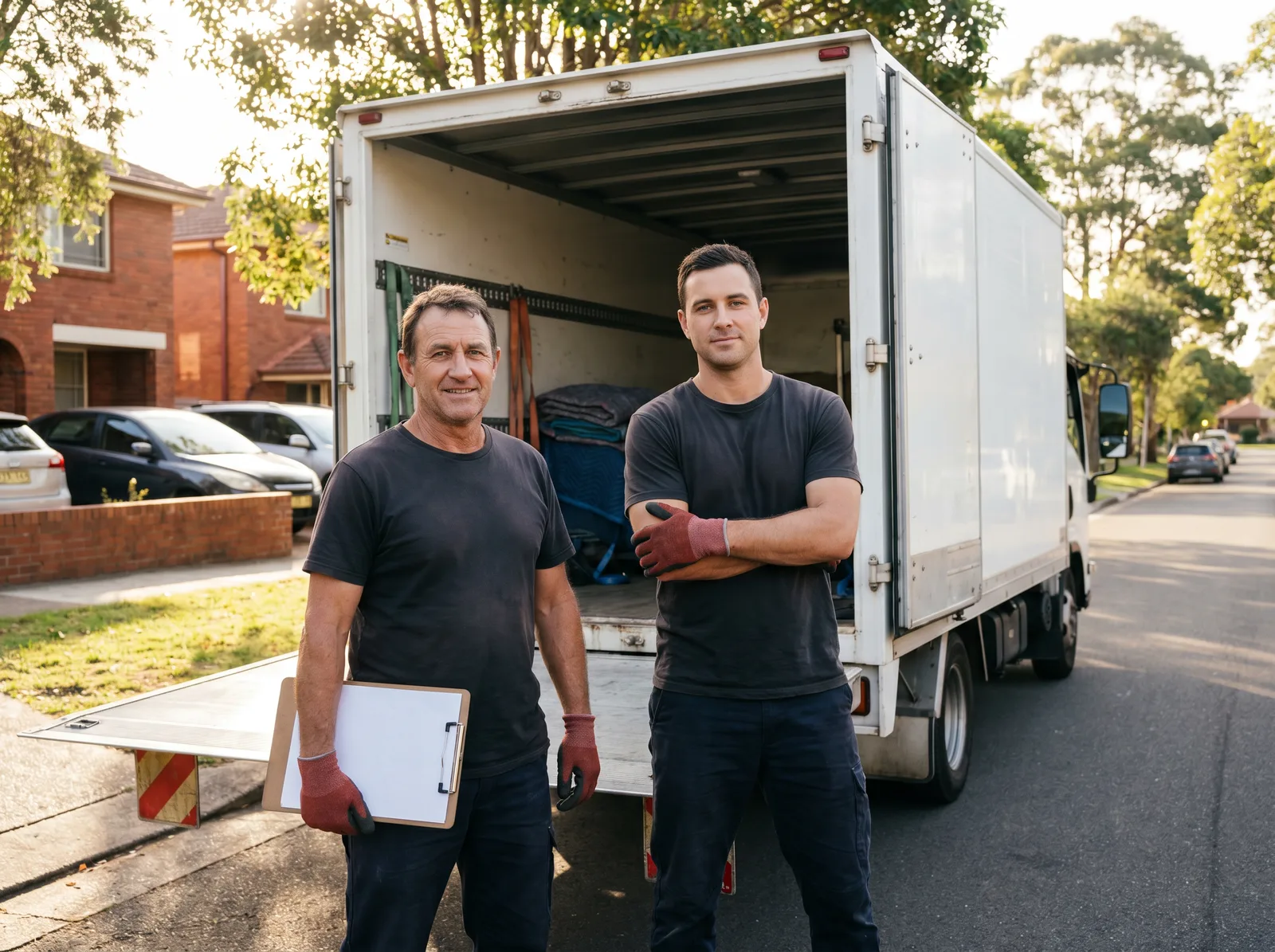 Two crew standing by the open tailgate of the truck on a quiet brick-house street, one holding the quote pad