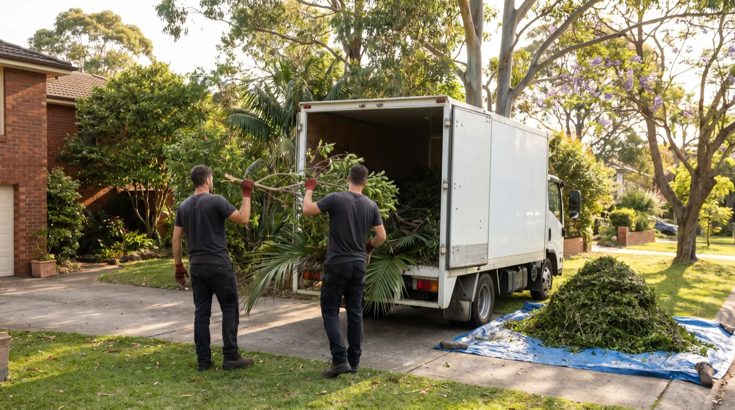 Two crew loading long pruned branches and palm fronds into the back of a white truck in a leafy driveway, a pile of hedge trimmings on a tarp beside them