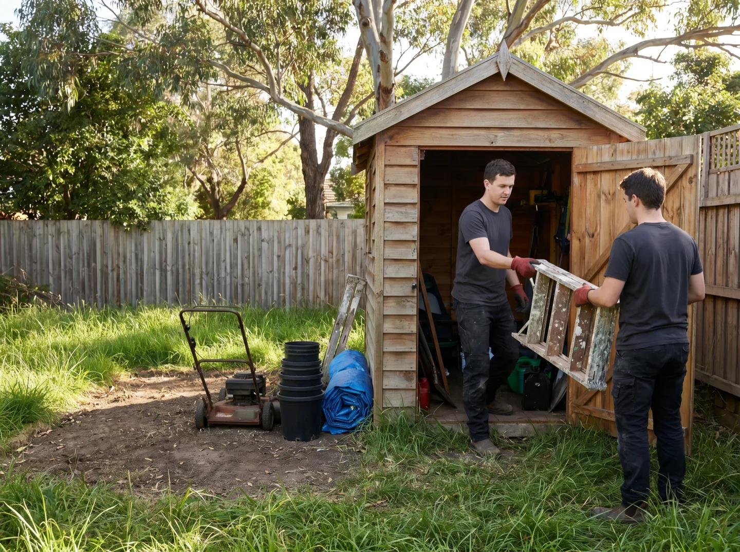 One crew member inside a backyard shed handing an old paint-flecked ladder out to a workmate, sorted items on the lawn beside the door