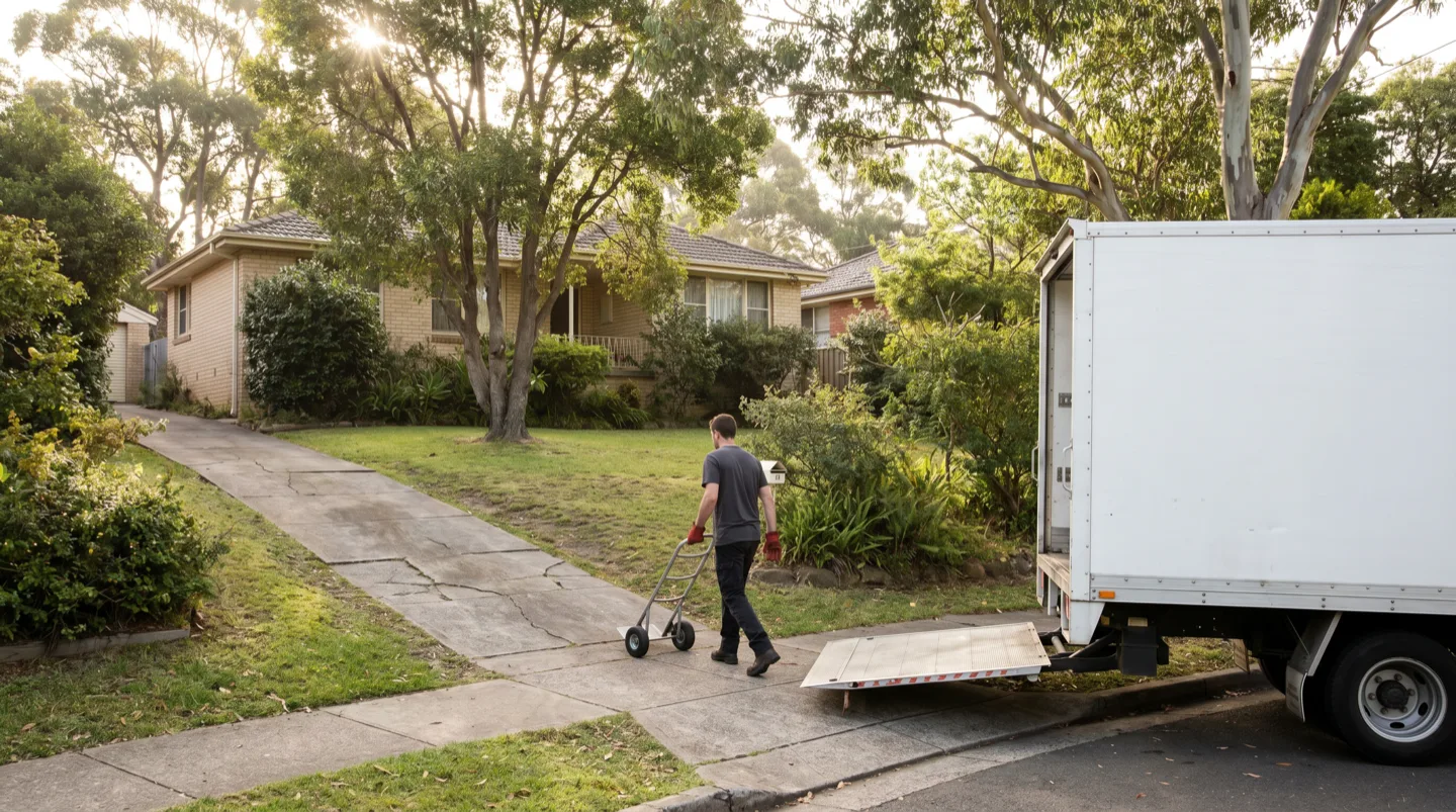 A quiet leafy street of single-storey brick houses on deep blocks, a crew member wheeling a trolley up a long driveway toward a white truck at the kerb