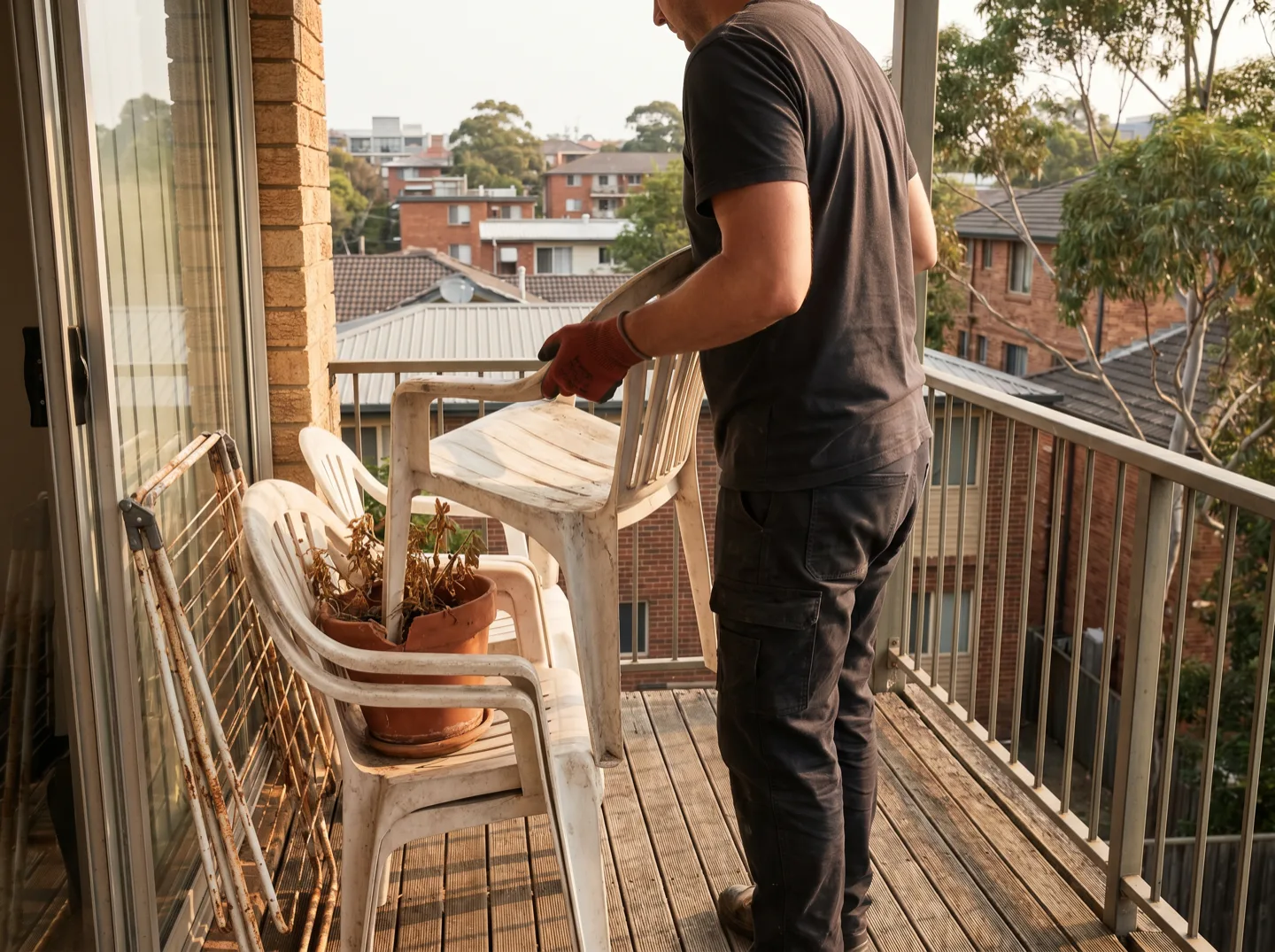 A crew member lifts a faded plastic chair from a small apartment balcony holding a dead pot plant and a rusted clothes airer