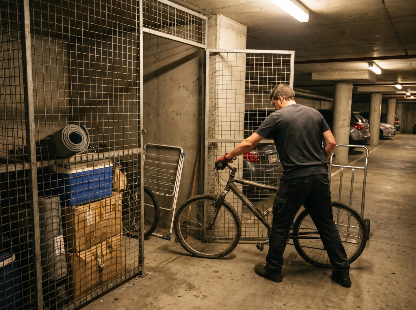 A crew member wheels a dusty mountain bike out of an open basement storage cage holding boxes, an esky and a clothes airer