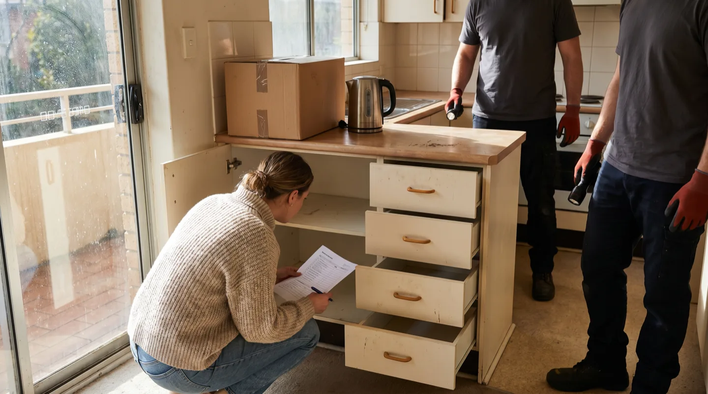A renter crouches with a checklist in an apartment kitchen where every cupboard door and drawer stands open and empty, two crew members checking the corners