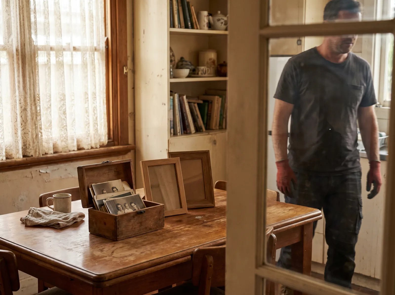 A wooden box of old family photographs and two picture frames set aside on the dining table in lace-curtain light, a crew member working quietly in the next room