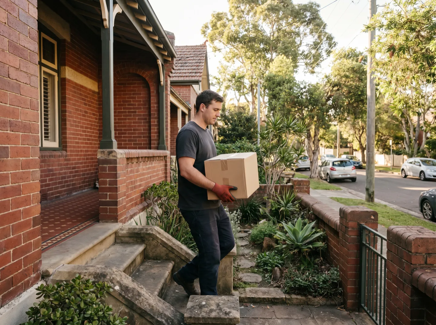 A crew member carrying a single sealed carton carefully down the front steps of an older red-brick house with a tiled veranda