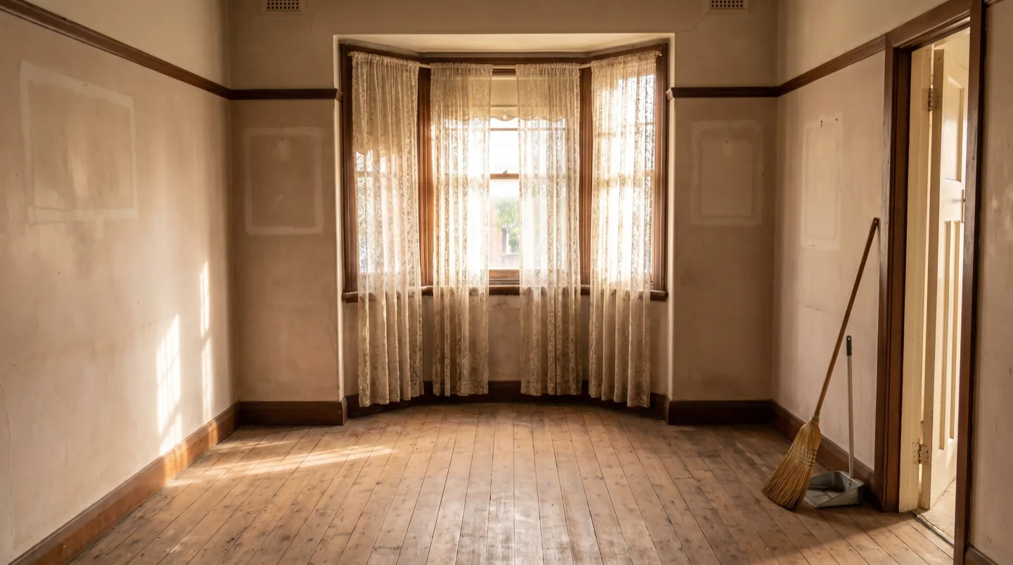 An empty, freshly swept front room of an older house, bay window with lace curtains, pale rectangles on the walls where framed pictures hung
