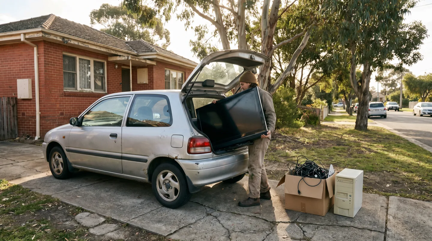 A resident loading an old flat-screen TV into a hatchback boot in a brick-house driveway, a box of cables and an old computer tower waiting beside the car