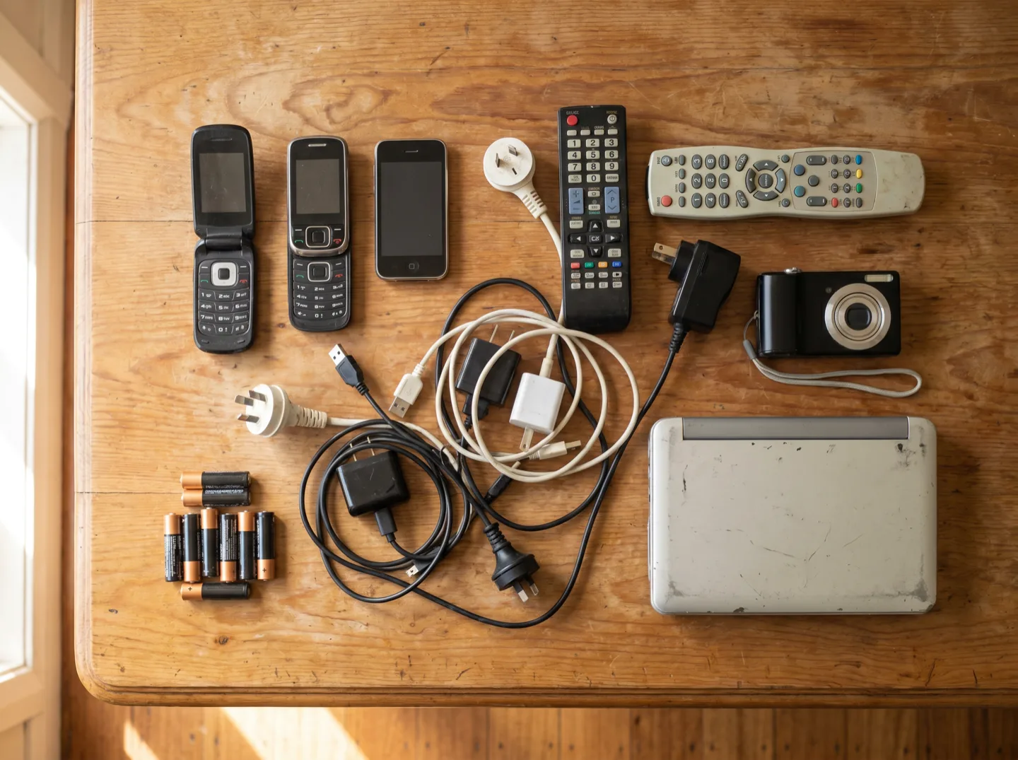 The contents of a household junk drawer laid out on a timber table: old phones, tangled chargers, remotes, a dead camera, an ageing laptop and a pile of loose batteries