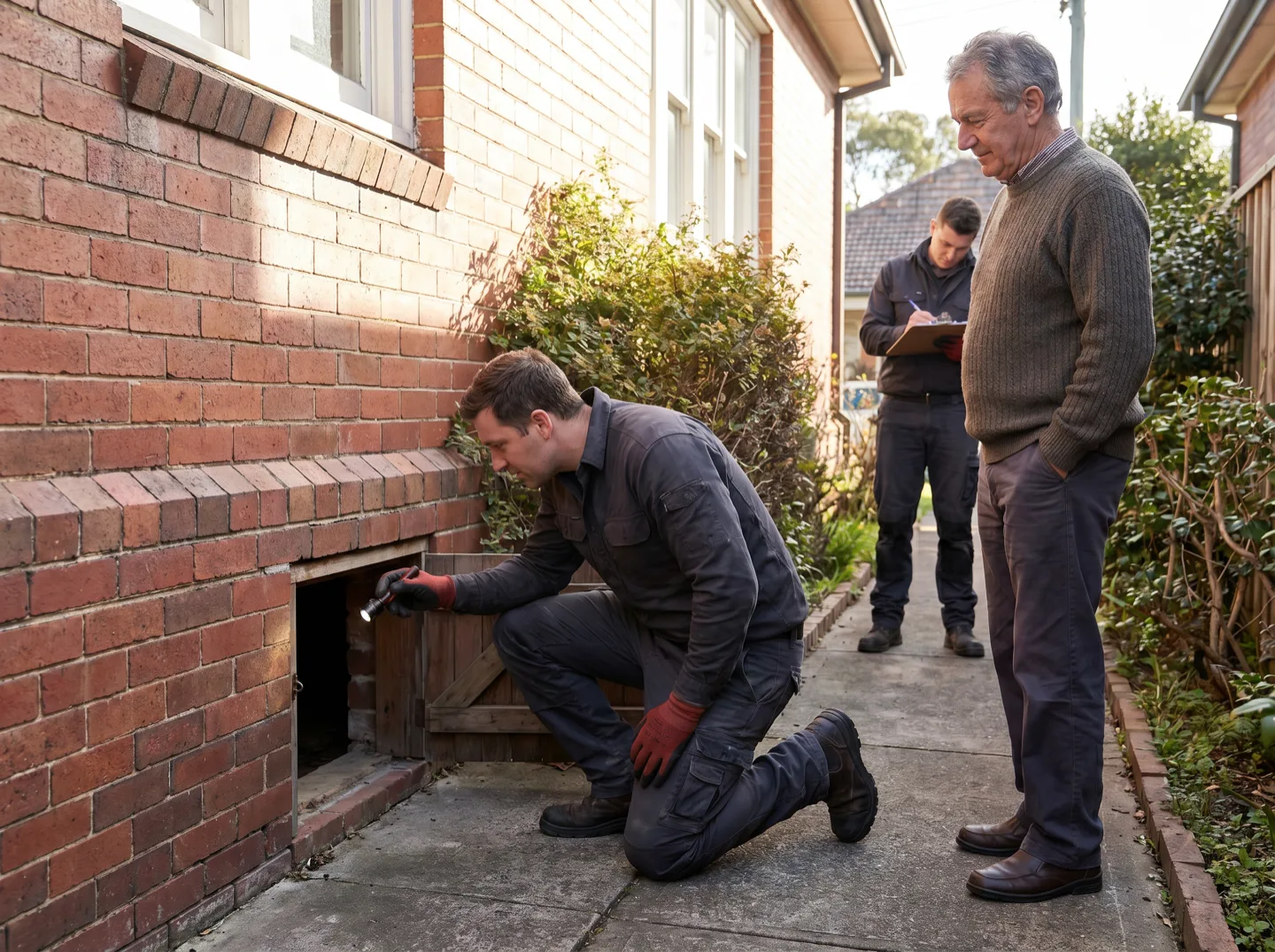 A crew member kneeling with a torch at the under-house access door of a brick home while the owner watches and a second crew member writes on a quote pad