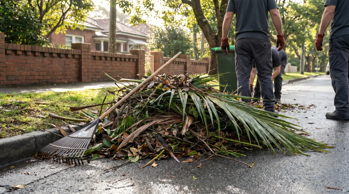 Palm fronds, dropped branches and leaf litter raked into a pile at the kerb of a leafy street after a storm, a rake leaning against the pile