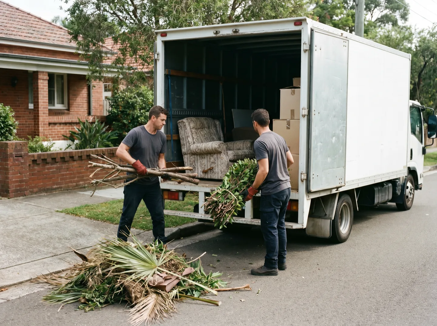 The crew loading cut branches and a bundle of hedge prunings onto the truck beside an armchair and cartons already aboard, outside a brick house
