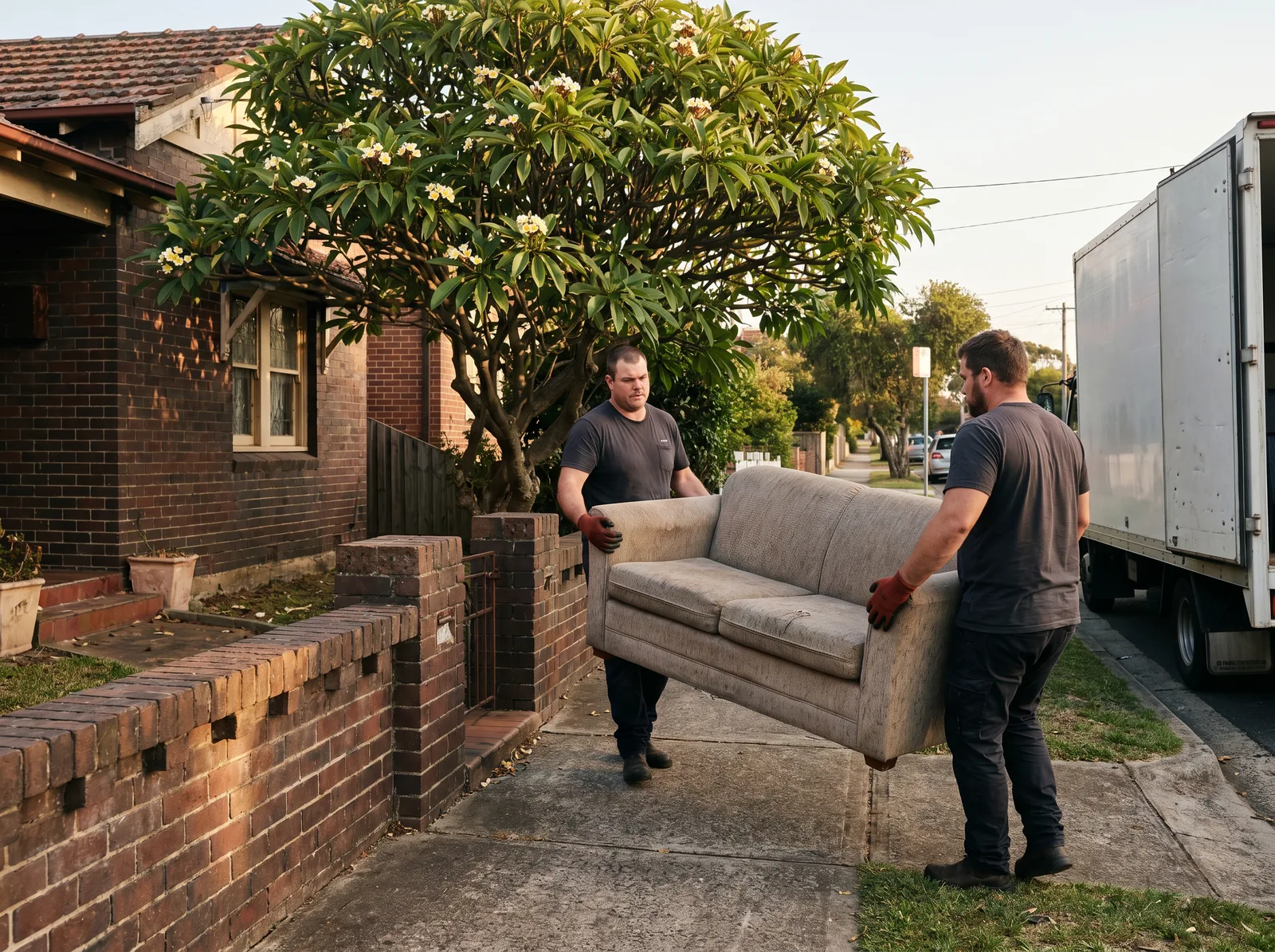 Two crew carrying an old two-seater sofa down the front path of a red-brick Gladesville house toward the truck