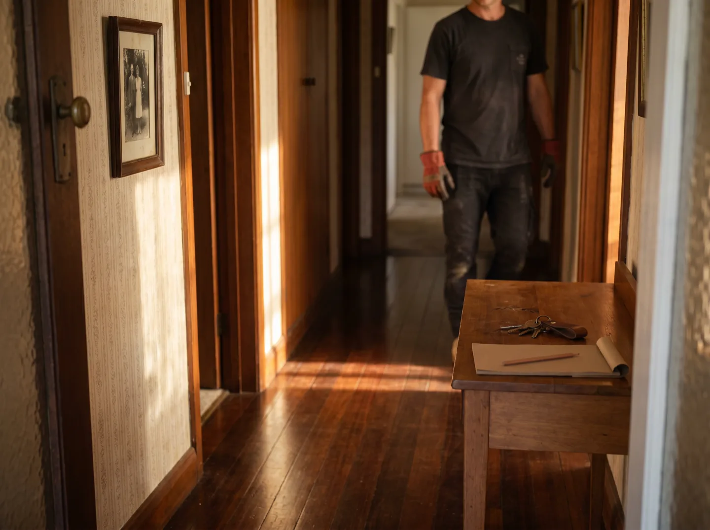 The front hallway of an older brick house in morning light, family photos still on the walls, a notepad, pencil and house keys on the hall table, a crew member arriving quietly at the far end