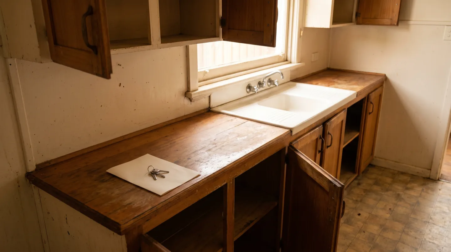House keys resting on a folded sheet of paper on the kitchen bench of a cleared, swept older house, cupboard doors left open and empty