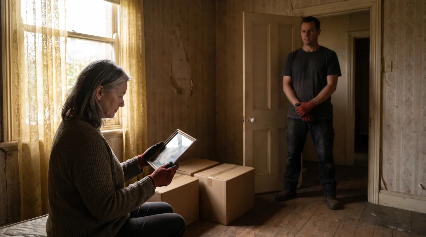 A woman stands by the window of a partly cleared bedroom holding a framed photograph she has just found, while a crew member waits patiently near the doorway