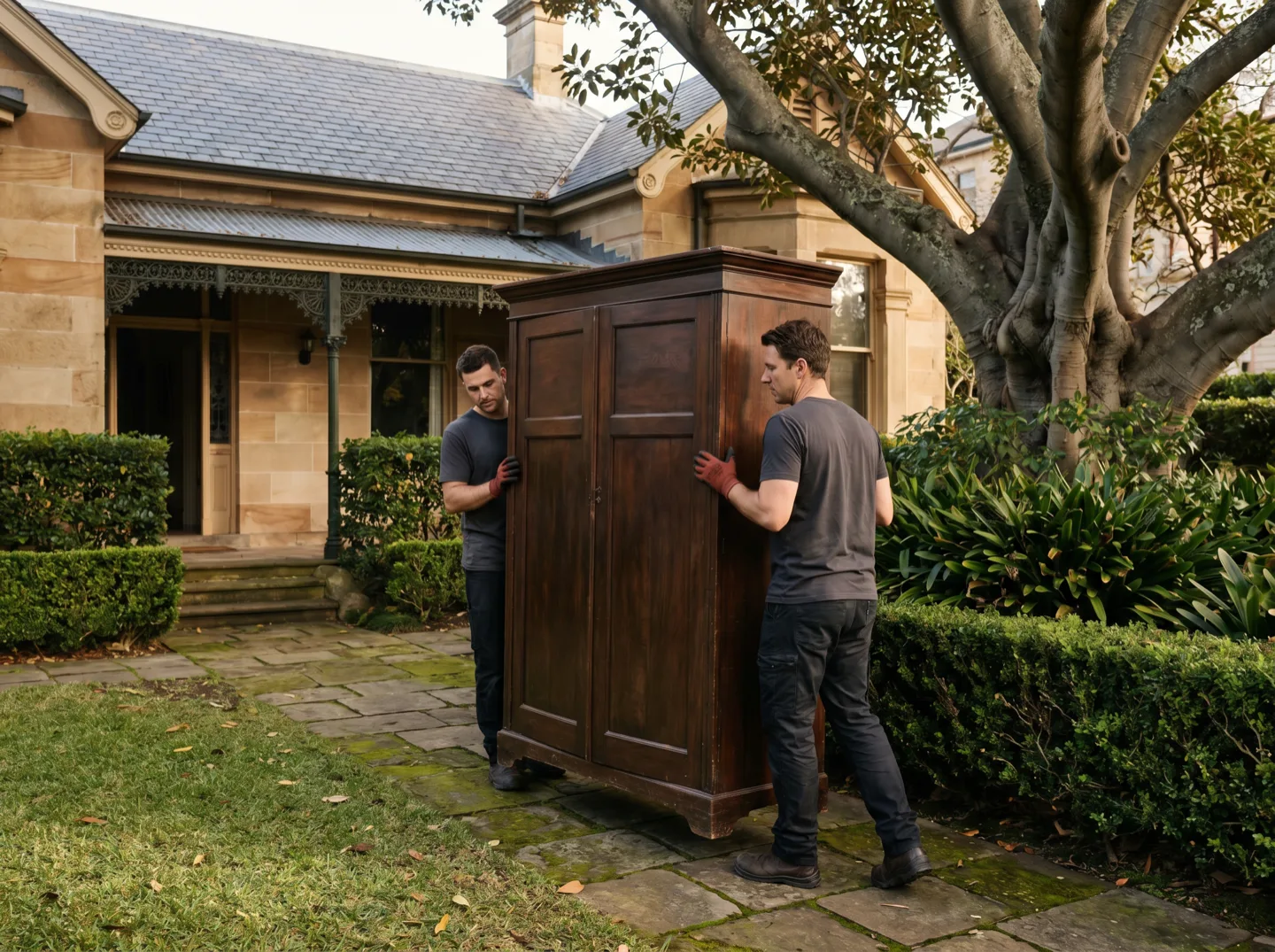 Two crew members carefully carrying an old timber wardrobe along the sandstone garden path of a heritage Hunters Hill house