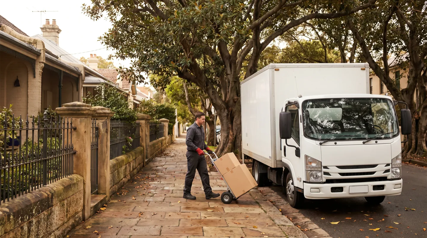 The truck parked close against the kerb of a narrow fig-lined Hunters Hill street while a crew member wheels boxes along the footpath
