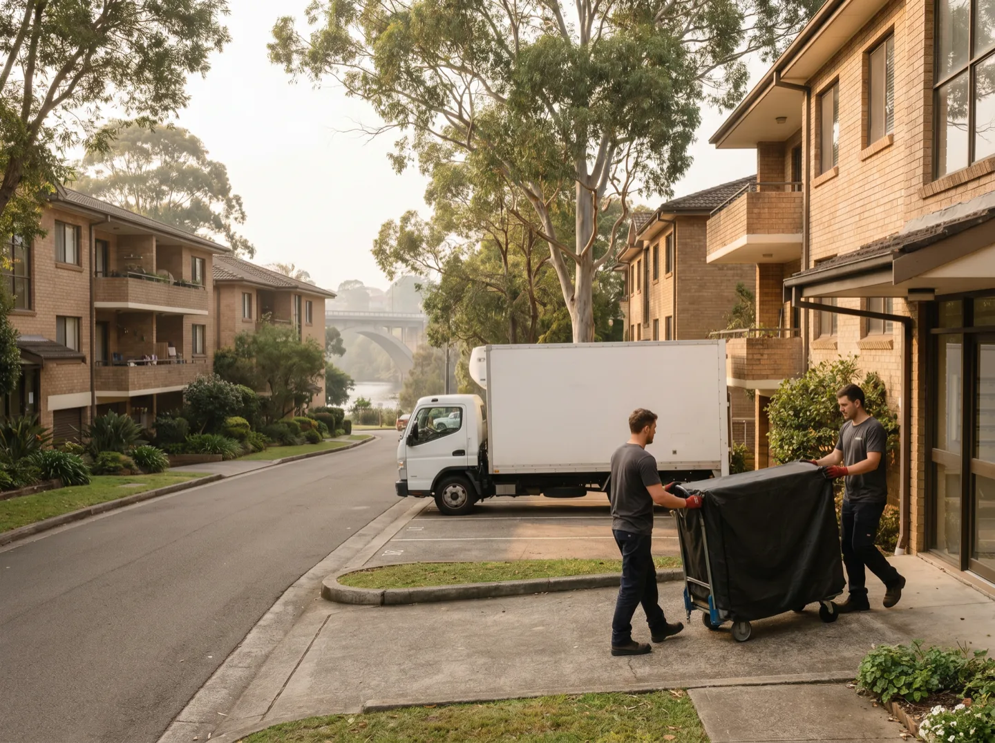 Two crew members wheeling a covered trolley from a low-rise brick apartment building toward a white truck parked in a visitor bay, the river and bridge behind the trees