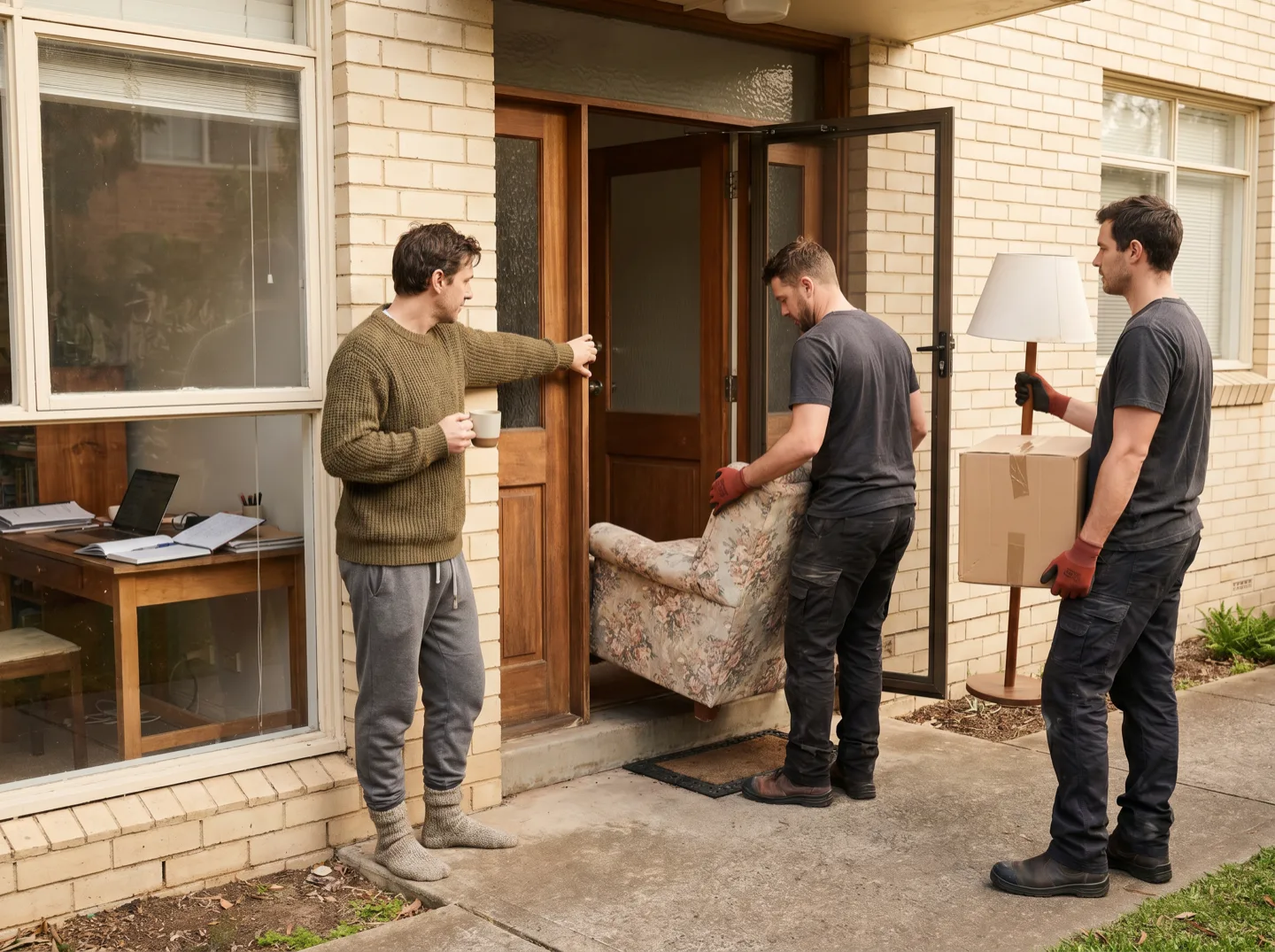 A resident holding the apartment block door open, coffee in hand, while the crew carries out an old armchair and a floor lamp