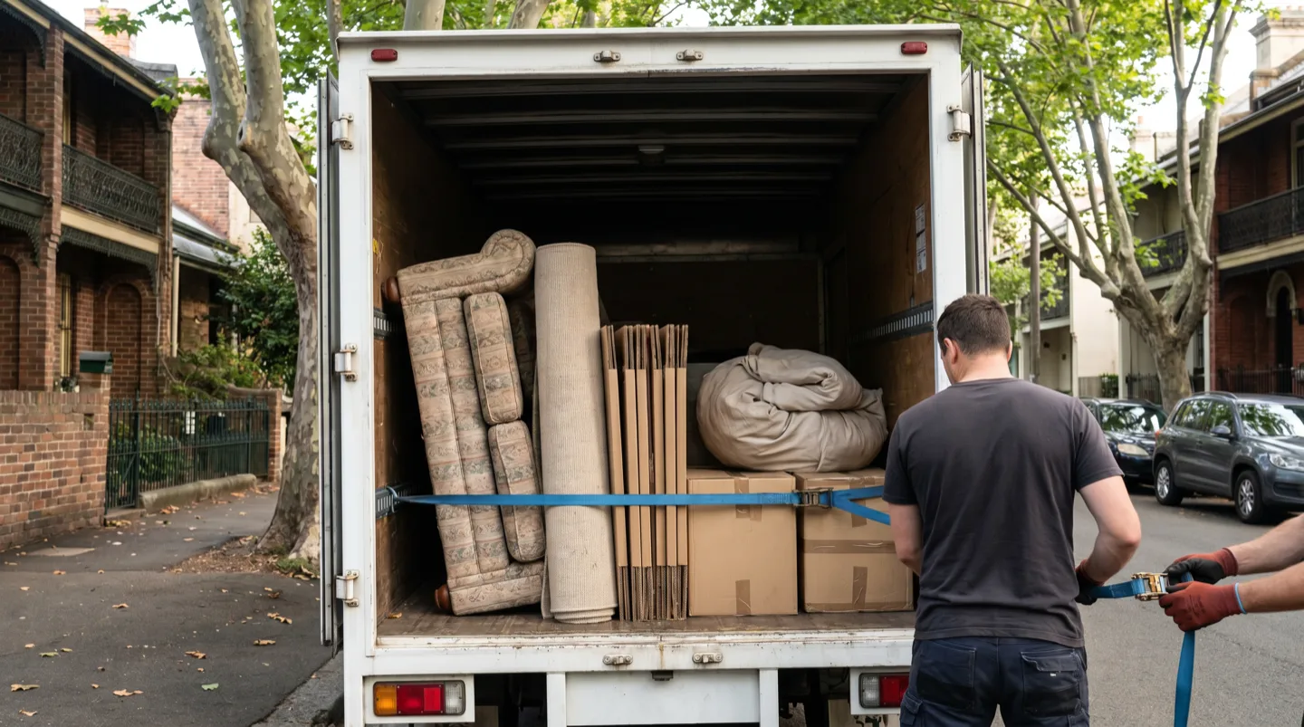 A modest household load strapped in the back of the truck: a sofa on its end, a rolled rug, flattened cardboard and taped cartons