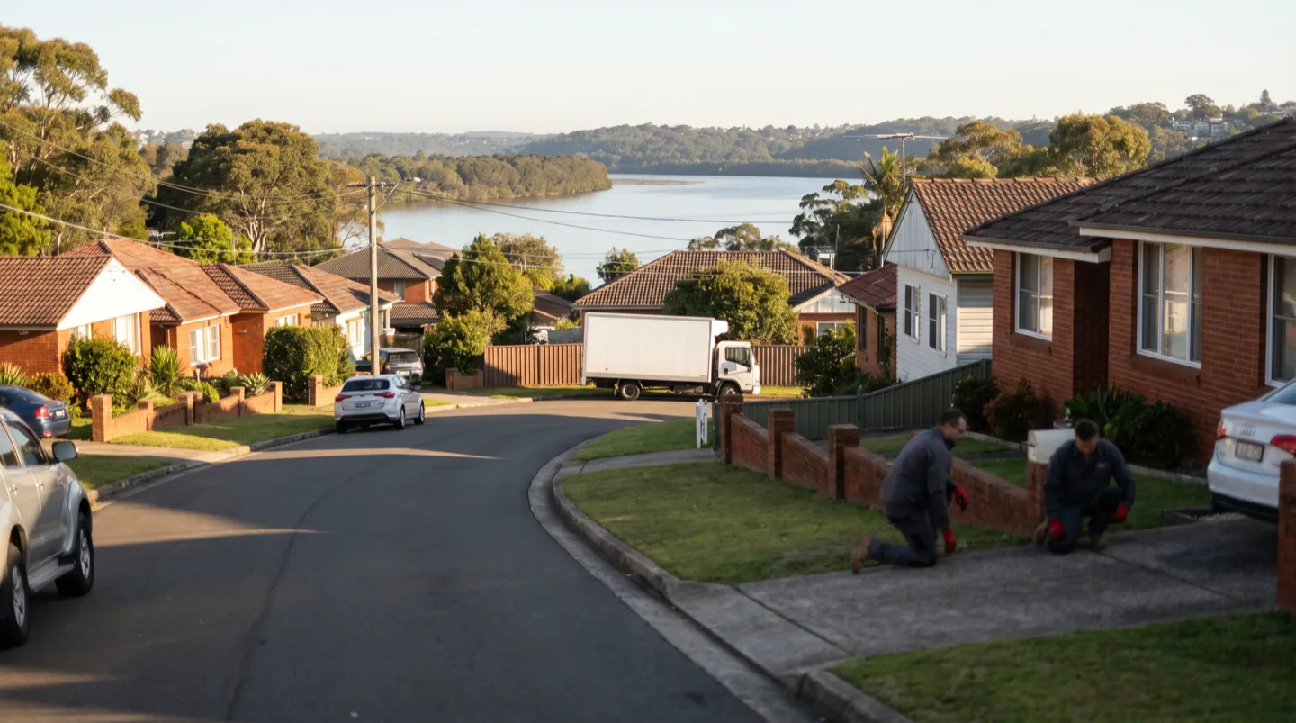 A quiet street of single-storey houses sloping down toward a bend in the river, a plain white truck parked at the kerb