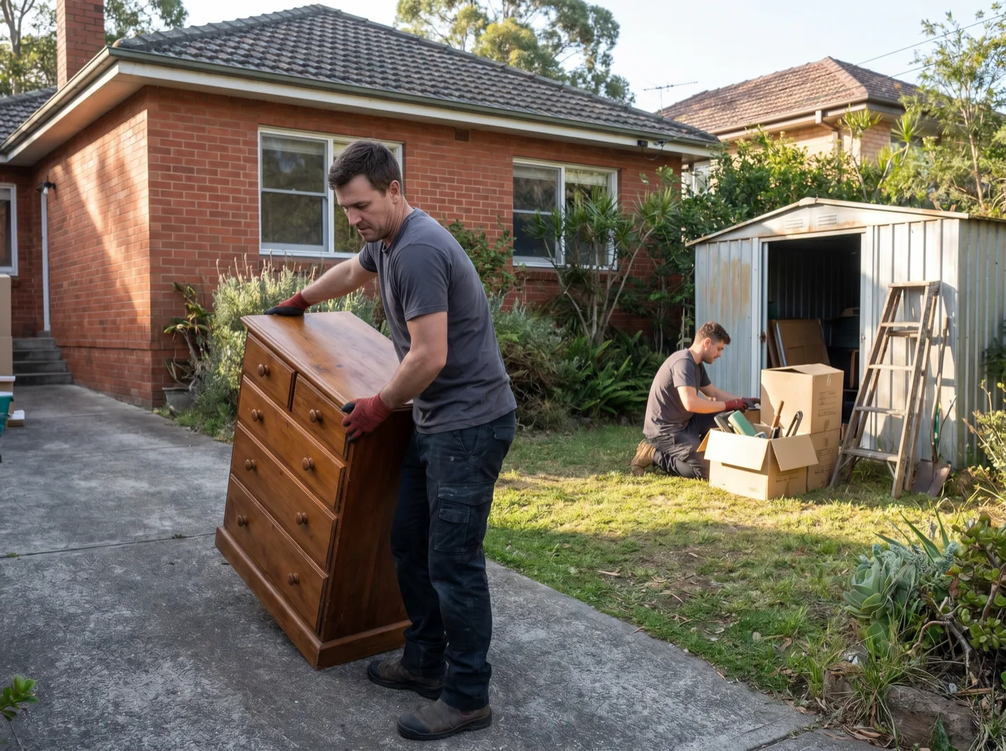 A worker carrying a timber chest of drawers down a driveway, an open garden shed and sorted boxes on the lawn behind