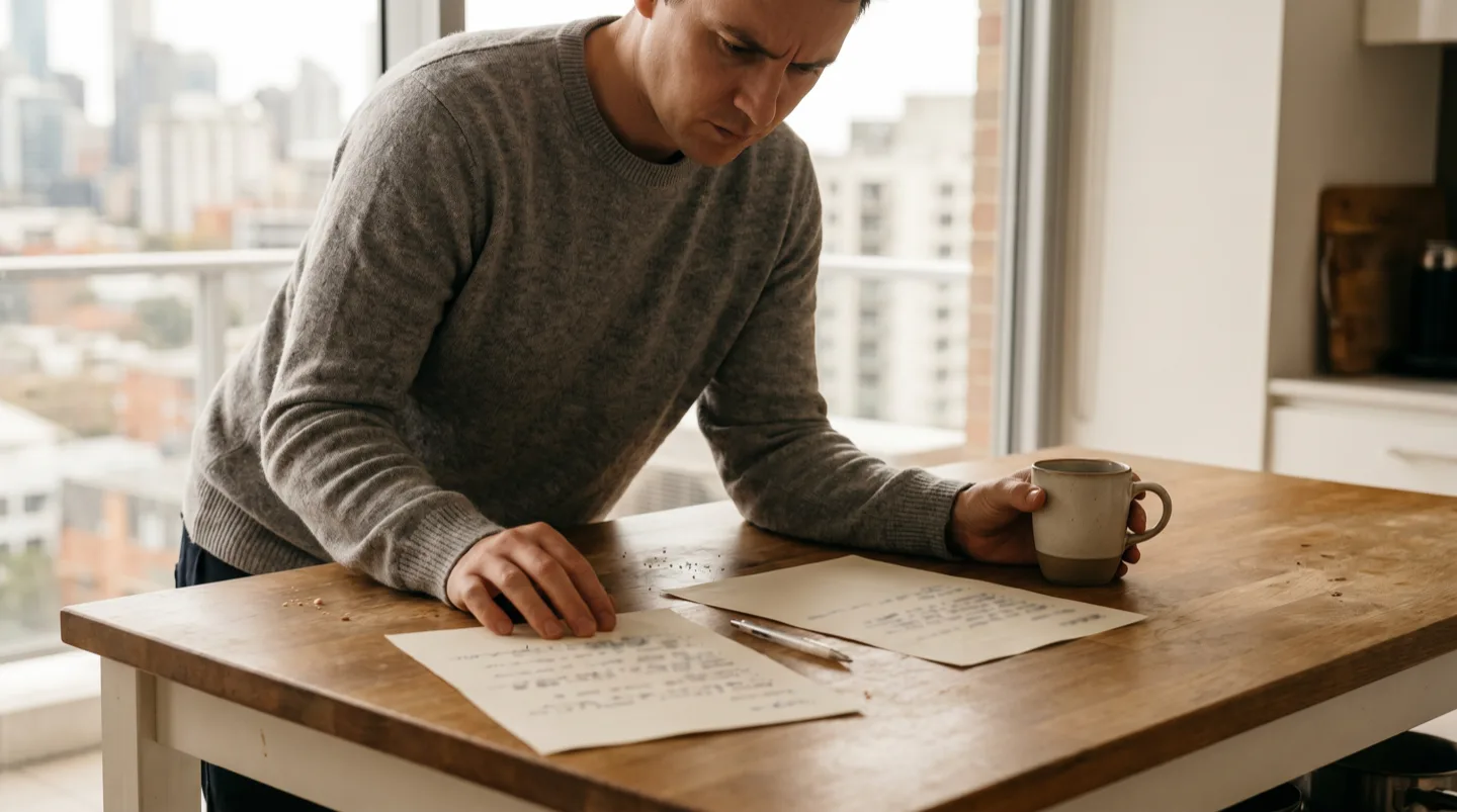 A resident at an apartment kitchen bench comparing two paper quotes side by side, coffee mug in hand