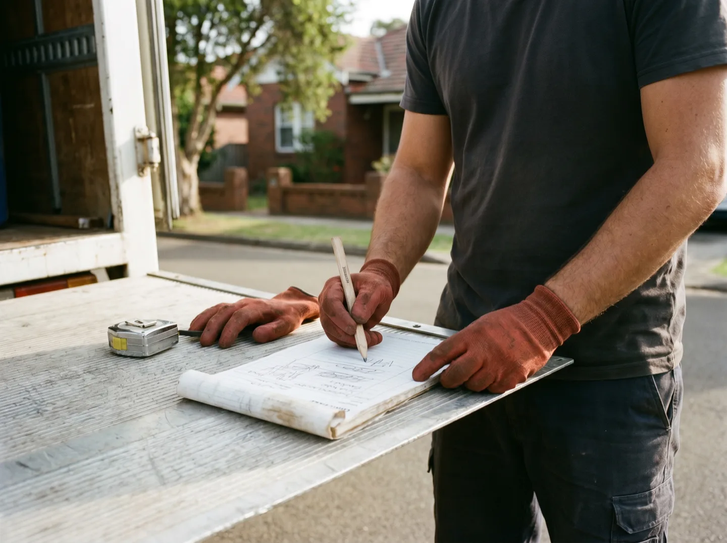 A crew member writing a quote in pencil on a paper pad resting on the truck tailgate, tape measure beside it, a brick Gladesville house across the street