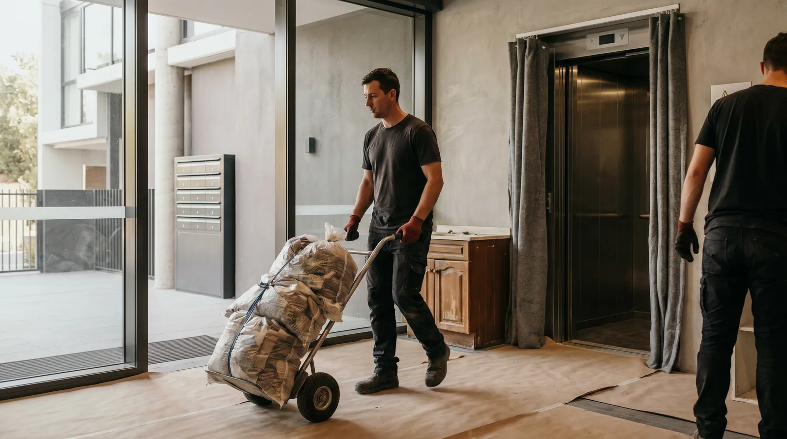 A crew member wheeling a trolley stacked with bagged tile rubble across floor protection toward a padded apartment lift, an old bathroom vanity waiting beside it