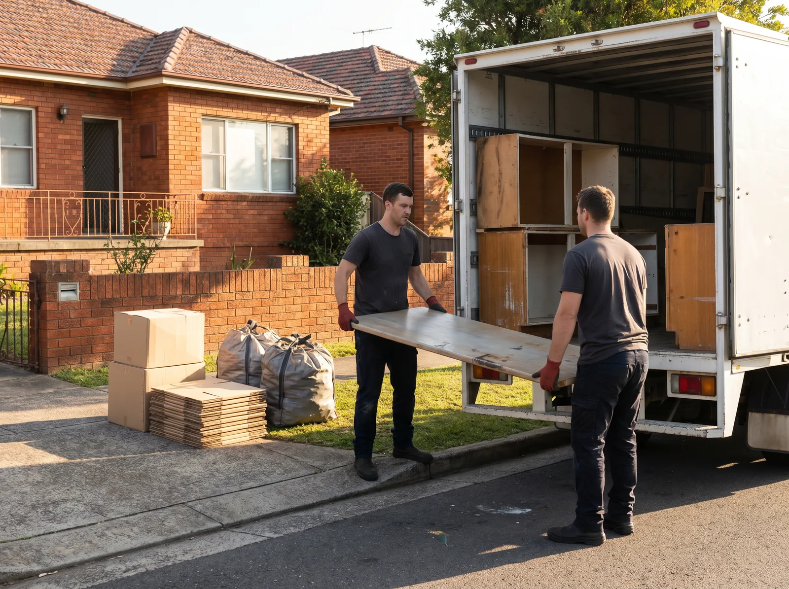 Two crew loading a long laminate benchtop into a box truck outside a red-brick Gladesville house, old kitchen carcasses and bagged tile rubble stacked on the front path