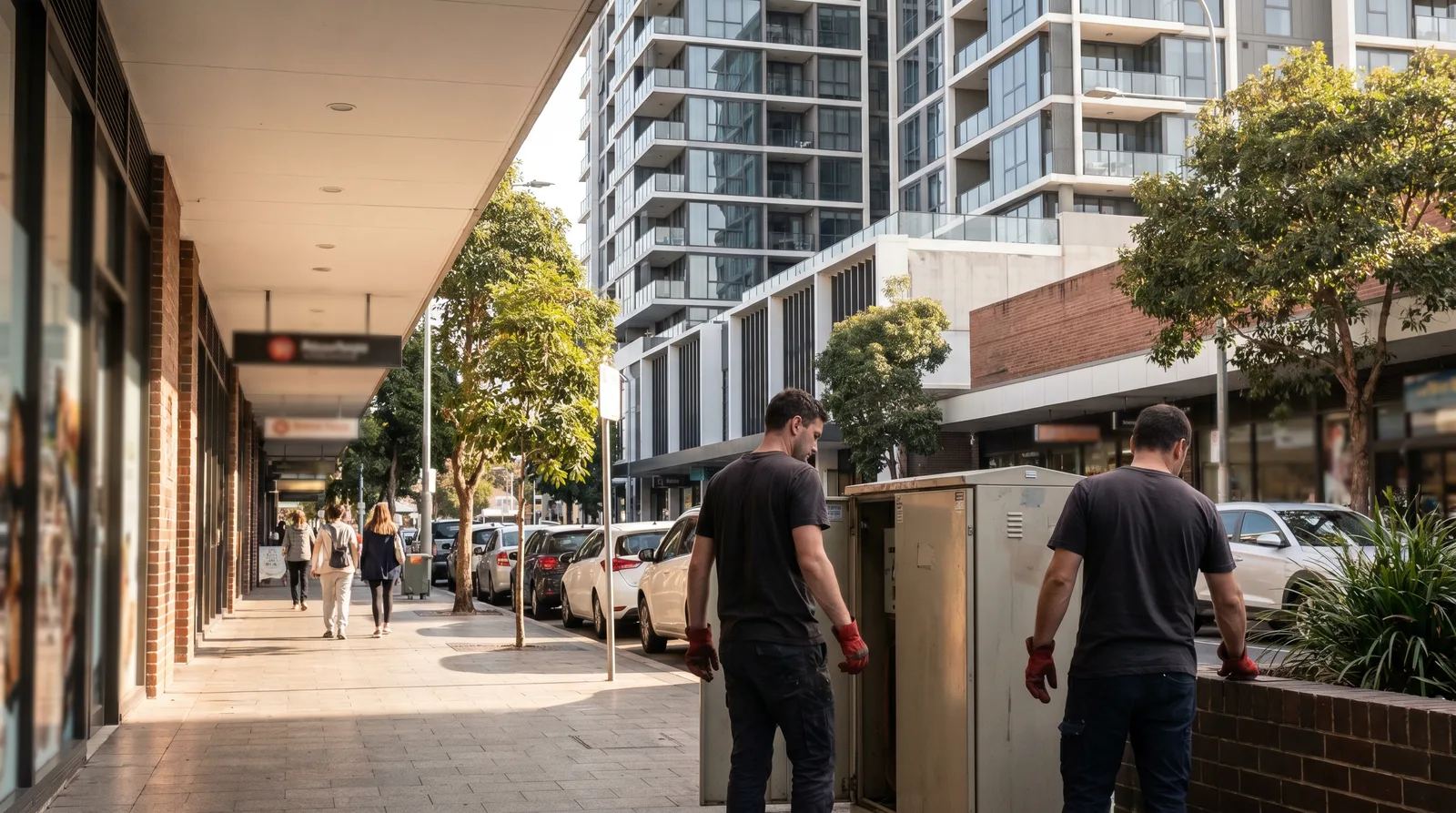 Apartment towers above the shopping streetscape near Top Ryde, the crew carrying a cabinet along the footpath