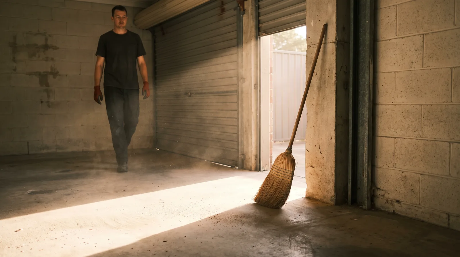 An emptied single-car garage with a broom against the door jamb and morning sun falling across the freshly swept concrete floor
