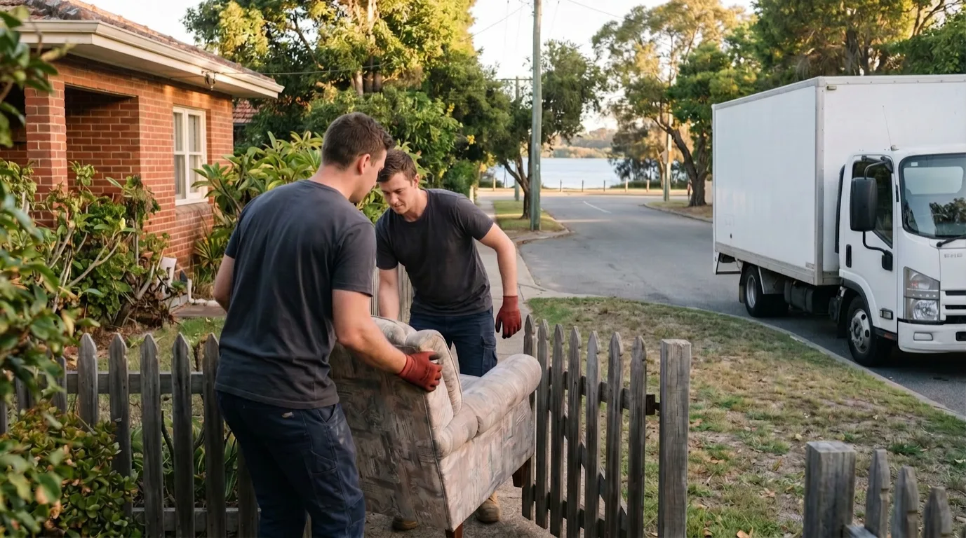 Two crew carrying a single armchair through the front gate of a brick house toward the truck, the river visible at the end of the street