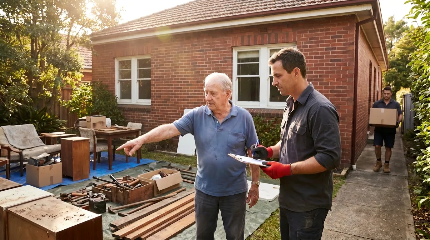 A homeowner on a sunlit lawn pointing at rows of dusty items laid out on drop sheets while one crew member notes the ruling on a quote pad and another carries a carton from the side path