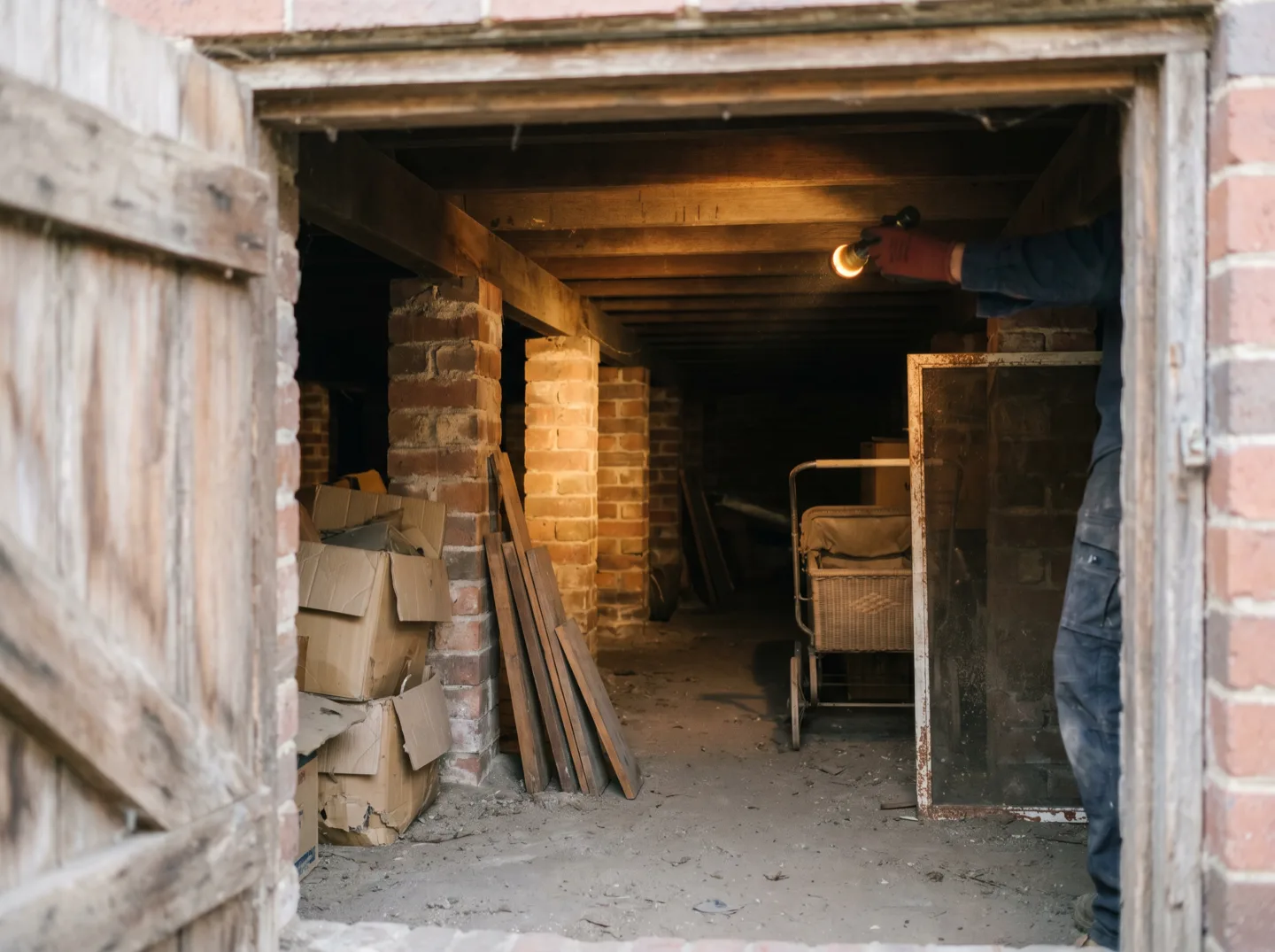 A torch beam through the under-house access door of a brick home, lighting brick piers, timber bearers and dusty stored cartons receding into the dark