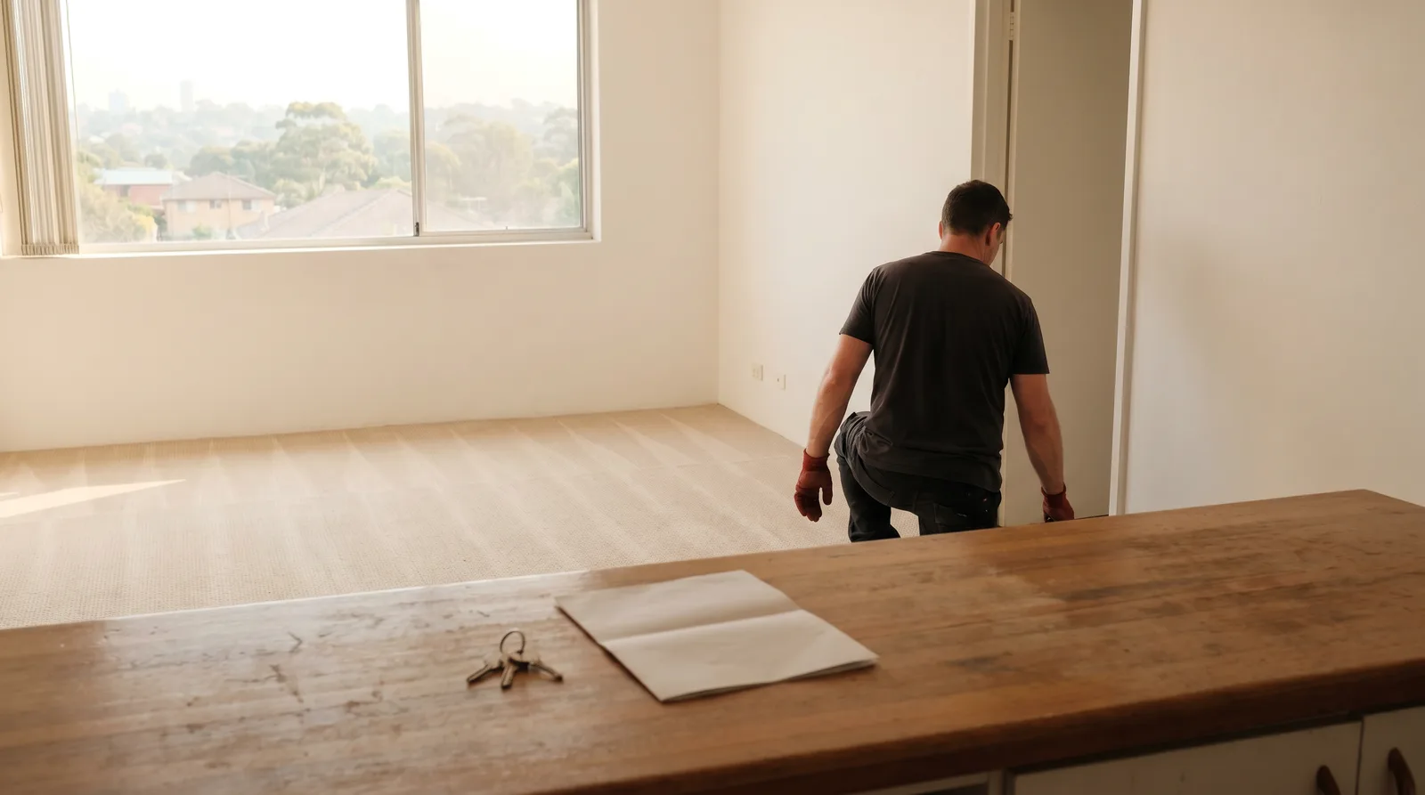 An empty apartment living room after a clearout, vacuum lines in the carpet, keys and paperwork left on the bench