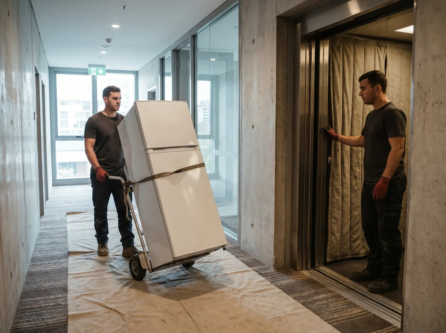 A crew member wheeling a strapped fridge on a hand trolley along an apartment corridor toward the service lift, floor runner laid over the carpet